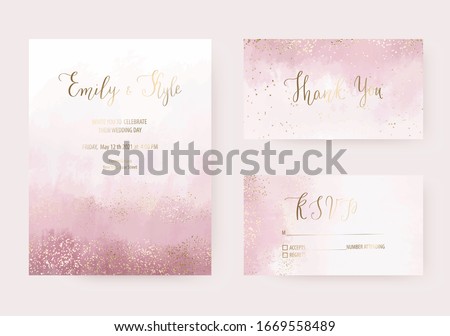 Wedding dusty rose watercolor invitation design, thank you and rsvp cards with gold border confetti texture.