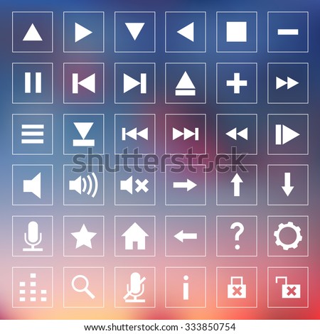 Set of squared icons for media player on blurred background