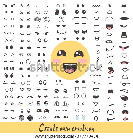 Emoticon creator. Big collection cartoon face. Create your own personality character.Doodle emotion for your cute design. Kawaii faces. Anime smile. Smiley icon constructor. Vector illustration.