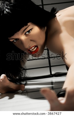 young blackhair woman in rage pose