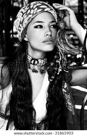 beautiful woman in oriental clothes, black and white