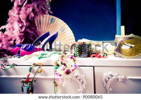 woman\'s dressing table with lot of fashion accessories