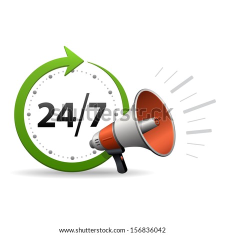 Loudspeaker or megaphone and around the clock, 24 hours a day and 7 days a week icon or symbol isolated on white background. Vector illustration