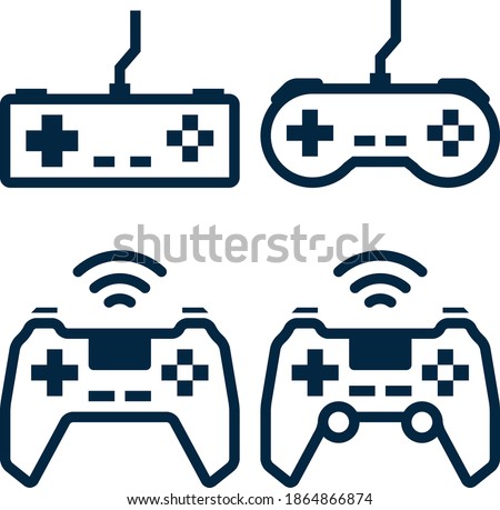 Game pads wireless and wired for control computer and console video games simple line icons set isolated on white background. Modern and retro game pads or game controller icons. Pixel Perfect