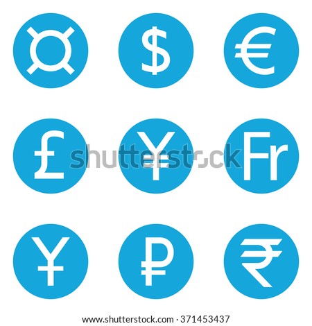World Currency symbols flat solid icons isolated on white background. Dollar, Euro, Pound Sterling, Yen, Yuan, Swiss frank, Ruble, Rupee, Generic currency symbol, Money. Vector illustration