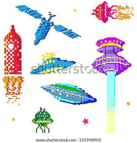 space ships and satellite collection, pixel art style elements isolated on white