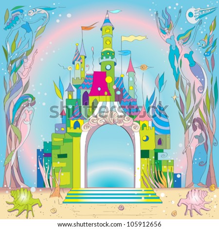 fairy tale castle under the sea, hand drawn composition with mermaids and fishes