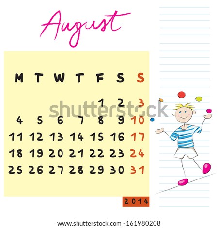 august 2014 calendar illustration, hand drawn design with kid, the risk-taker student profile for international schools