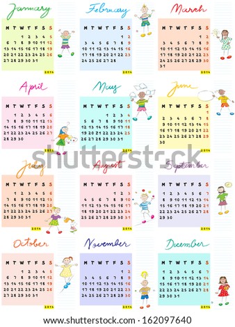 2014 full calendar design with happy schoolkids, hand drawn illustrations for 12 months
