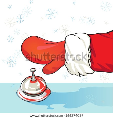 Cartoon illustration of Santa Claus arrival at the hotel, drawing representing a hand of a person with red glove ringing at the call bell while it is snowing