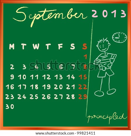 2013 calendar on a chalkboard, september design with the principled student profile for international schools