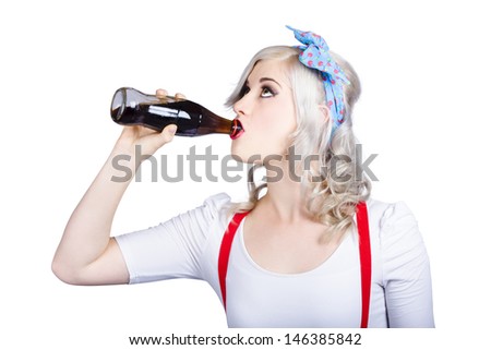 Vintage image of fifties pin-up promo woman drinking soft drink from glass cola bottle