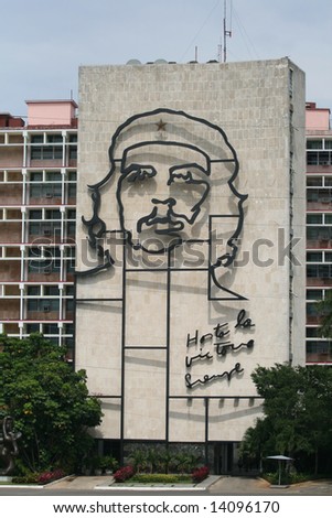 HAVANA, CUBA - Ministry of the Interior building , featuring a iron mural of Che Guevara's face at the Square Revolution