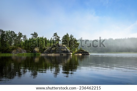 nordic landscape: lake, forest on the rock, fog over the water