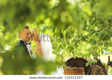 Bride kissing the groom in the forest