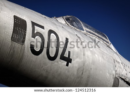 Detail of famous MiG-21 F13 fighter jet plane. Plane with number 504 is first MiG-21 of Yugoslav peoples army ever.