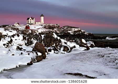 Nubble Lighthouse in Winter with Snow, Cape Neddick, York Maine