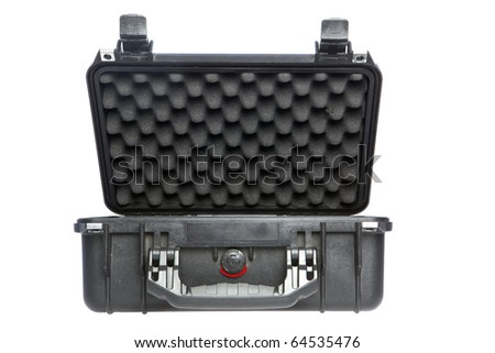 Case for protecting equipment. Studio shot. Isolation on white background. Front view. Ajar lid.
