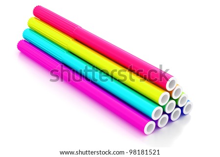 Group of bright color markers on white background