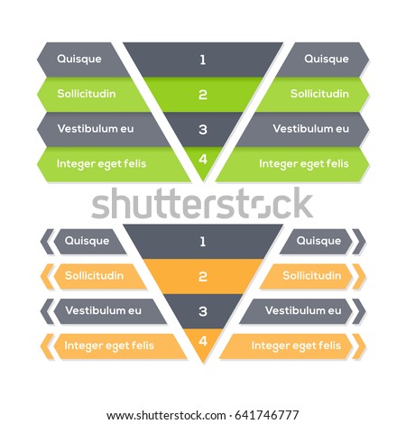 Inverted pyramid chart with four speps with arrows, numbers and text, pyramid diagram for presentations and training, vector infographic template