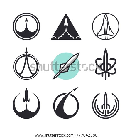 Vector flying rockets, space shuttles, spaceship launch, aviation. Icons and logo design elements
