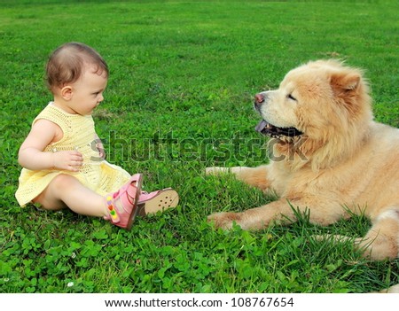 Beautiful fun baby girl looking on big dog sitting on green grass outdoor and smiling