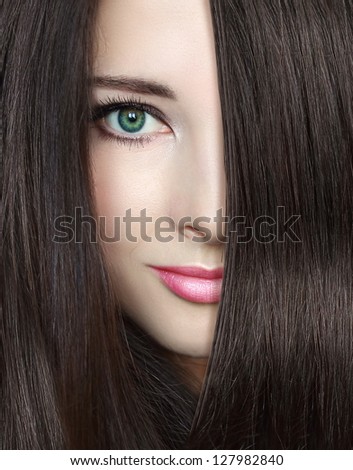 Beauty woman with long smooth hair looking. Closeup portrait