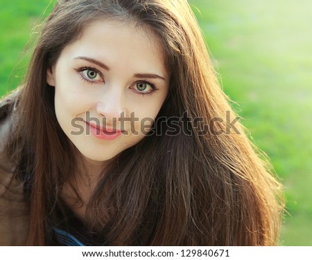 Beautiful Calm Girl Outdoors Summer Background Looking Happy. Closeup ...