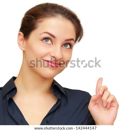Happy business woman pointing finger an idea with smile isolated on white background. Closeup portrait
