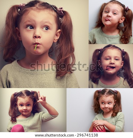 Fun collage (collection) of happy kid girl with humor different emotions. Showing tongue, sucking the candy