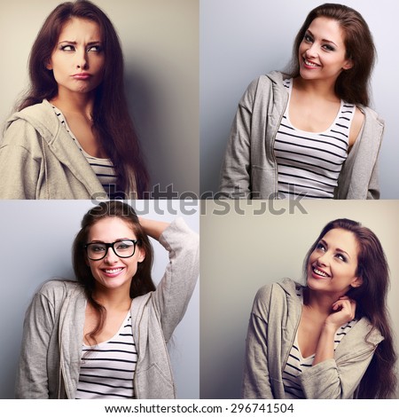 Collage (collection) of beautiful young woman with different emotions on the fun face on different color backgrounds