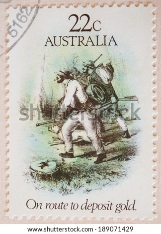 AUSTRALIA - CIRCA 1981:A Cancelled postage stamp from Australia illustrating the gold rush era, issued in 1981