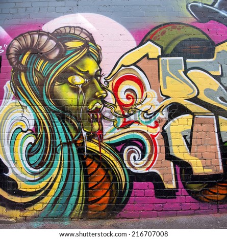 MELBOURNE, AUSTRALIA - AUGUST 30TH, 2014: Street art by unidentified artist. Melbourne local councils recognise the importance of street art in creating a vibrant city.