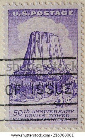 USA - CIRCA 1956:A Cancelled postage stamp from the USA illustrating 50th Anniversary Devils Tower National Monument, issued in 1956.