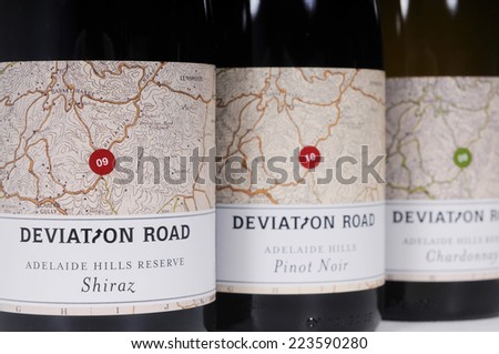 ADELAIDE, AUSTRALIA - November 18, 2012: Collection of Deviation Road Wines from popular winery located in the Adelaide Hills, South Australia. Image shows Shiraz, Pinot Noir and chardonnay varieties.