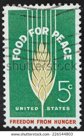USA - Circa 1963:A Cancelled postage stamp from the USA illustrating Freedom From Hunger, issued in 1963.