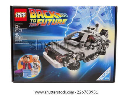 ADELAIDE,AUSTRALIA - October 27 2014: A studio shot of a Back to the Future Lego Kit. Lego is extremely popular with children and collectors worldwide.
