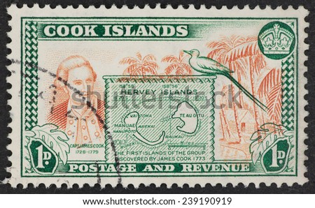 COOK ISLANDS - CIRCA 1900\'s: A Cancelled postage stamp from Cook Islands illustrating discovery of island group by Captain James Cook