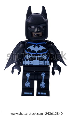 ADELAIDE, AUSTRALIA - January 06 2015:A studio shot of an Electro Batman Lego minifigure from the DC Comics and Movies. Lego is extremely popular worldwide with children and collectors.
