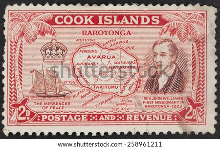 COOK ISLANDS - CIRCA 1900\'s: A Cancelled postage stamp from Cook Islands illustrating a map of Rarotonga.