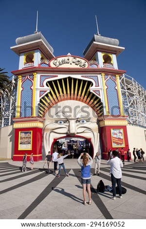 Melbourne, Australia - August 30, 2015: The entrance to Luna Park Amusement centre in St Kilda, Melbourne.  A popular attraction for locals and tourists has been operating in this location since 1912.