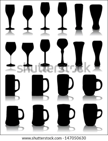 Silhouettes And Shadows Of Wine Glasses And Beer Mugs, Vector ...