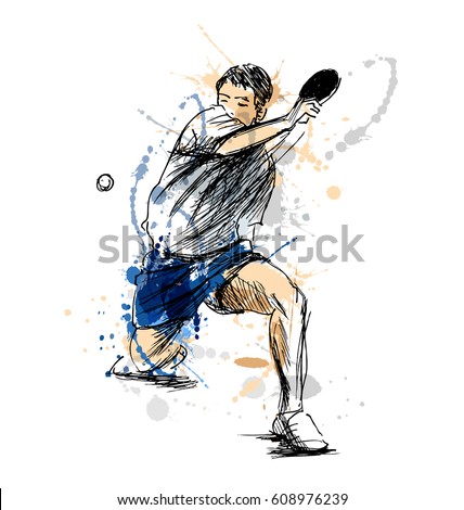 Colored hand sketch table tennis player. Vector illustration