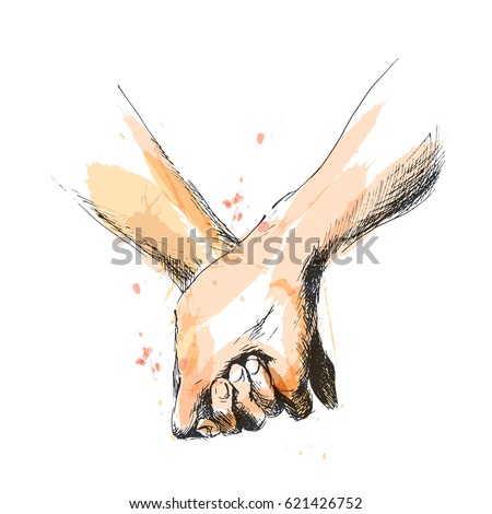 Colored hand sketch holding hands. Vector illustration