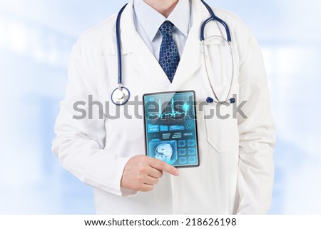 Doctor with medical analysis on tablet