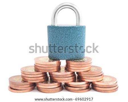 Padlock on coin pyramid as a symbol of financial protection.