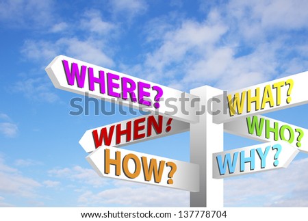 Question sign post. Who, what, when, where, how, why, against blue sky