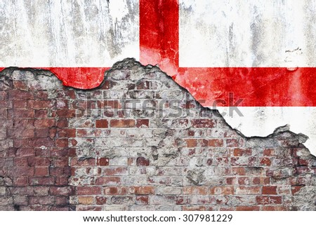 England wall. Grungy old brick wall with English flag on broken render surface