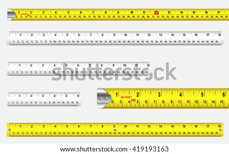 Rulers and tape measures with metric and imperial markings vector.
