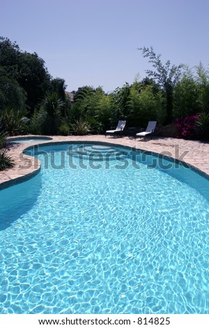 Big sunny kidney shaped swimming pool of luxury villa in Spain.